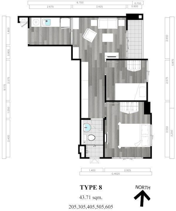 picture for rent : The Knight II Bearing Sukhumvit 107, 2bed 1 bath area 43 sq.m. - 17/17