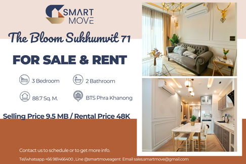  For Sale  !!🔥 Code C20230207566........The Bloom Sukhumvit 71, 3 bed, 2 bath, North Facing, high floor 14++, furnished,  Special Deal!!📣📣