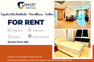 คอนโดให้เช่า : 🔥 สำหรับเช่า !! 🔥 Code C20221203097.....Supalai Lite Ratchada - Naradhiwas - Sathon, 2 ห้องนอน, 2 ห้องน้ำ, ชั้นสูง 23++, แต่งครบ, พร้อมเข้าอยู่ 📣📣