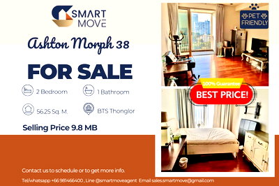 Condos for sale BTS Thong Lo (Thong Lor) : 🔥 For Sale !! Pet Friendly !! 🔥 Code C20221206832.Ashton Morph 38, 2 bedroom, 1 bathroom, South Facing, furnished, lower than market Price 22%!!📣📣
