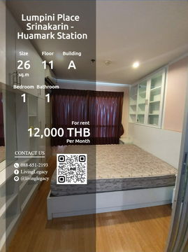 SF5ZB6 ให้เช่าคอนโด Lumpini Place Srinakarin - Huamark Station 26 ตร.ม. ชั้น 11 ตึก A line id : @livinglegacy