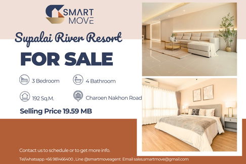 🔥 For Sale !!🔥 Code C20250700080..........Supalai River Resort, 3 bedroom, 4 bathroom, high floor 24++, furnished, Special Deal!!📣📣