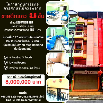 อาคารพาณิชย์ เซ็นทรัล โคราช : ขายตึกแถว / อาคารพาณิชย์ 3 ชั้นครึ่ง 20 ตร.วา ใจกลางเมืองโคราช   ทำเล Education Hub ตรงข้ามโรงเรียนวัดสระแก้ว 
