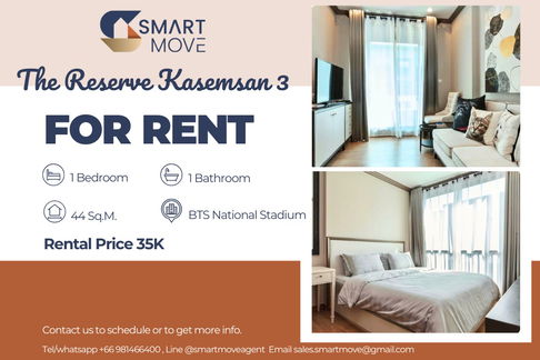 🔥 สำหรับเช่า !!🔥 Code C20240300381..........The Reserve Kasemsan 3, 1 ห้องนอน, 1 ห้องน้ำ, มีอ่างอาบน้ำ, แต่งครบ, พร้อมเข้าอยู่📣📣