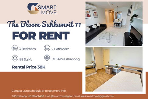 🔥 For Rent !!🔥 Code C20250800063....The Bloom Sukhumvit 71, 3 bedroom, 2 bathroom, high floor 17++, Closed kitchen, furnished, ready to move in 📣📣