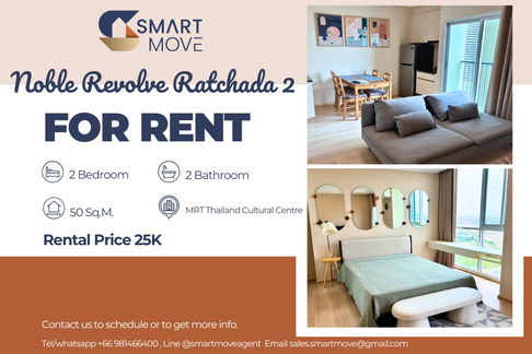 For Rent !! City View, High ceiling !!🔥 Code C20240401296....Noble Revolve Ratchada 2, 2 bed, 2 bath, high floor 39++, furnished, ready to move in 📣