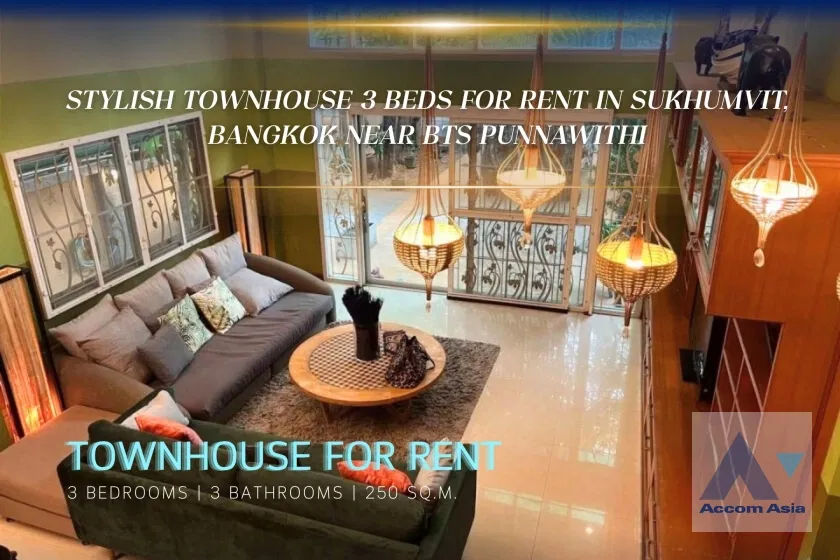 รูป 🔼🔽 AccomA 📩 Stylish townhouse 3 beds for rent in Sukhumvit, Bangkok near BTS Punnawithi (AA39864) - รูปที่ 1/20