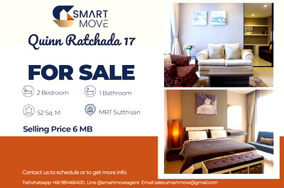 Condos for sale Kunnatee Rutharam Wittayakhom School : 🔥 For Sale, High Floor 13++!!🔥 Code C20240201160..........Quinn Ratchada 17, 2 bedroom, 1 bathroom, furnished, Special Deal!!📣📣