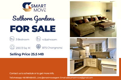 คอนโด รพ.เซนต์หลุยส์ : 🔥 สำหรับขาย !! ทำเลใจกลางสาทร !! ชั้นสูง 37++, ห้องไซส์ใหญ่, 🔥 Code C20241000019.....Sathorn Gardens, 3 ห้องนอน, 4 ห้องน้ำ, แต่งครบ, ราคาพิเศษ!!📣📣