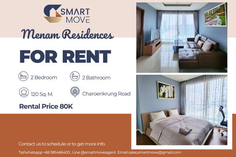 For Rent !! high floor28++, Modern style, Rare Item!!, river view! Code C20231100700...Menam Residences, 3 bed, 3 bath, furnished, ready to move in 📣