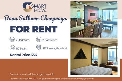 For Rent !! high floor 13++, River View !!🔥 Code C20230800406.......Baan Sathorn Chaopraya, 2 bed, 2 bath, furnished, ready to move in 📣