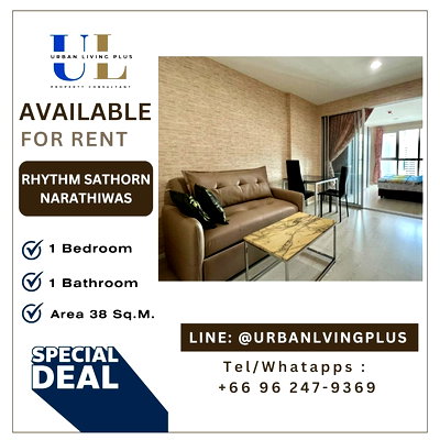 Condos for rent : ( UL2409122 ) ✨Tel/Line 096-2479369✨ , FOR RENT !! Rhythm Sathorn Narathiwas  1 bedroom, size 38 Sq.M. Nice room, Furnished !!!