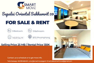 ขายคอนโด : 🔥 สำหรับขาย- เช่า !!🔥 Code C20240800103.....Supalai Oriental Sukhumvit 39, 3 นอน, 3 น้ำ, ชั้นสูง 27++, แต่งครบ, พร้อมเข้าอยู่, ราคาพิเศษ!!📣📣