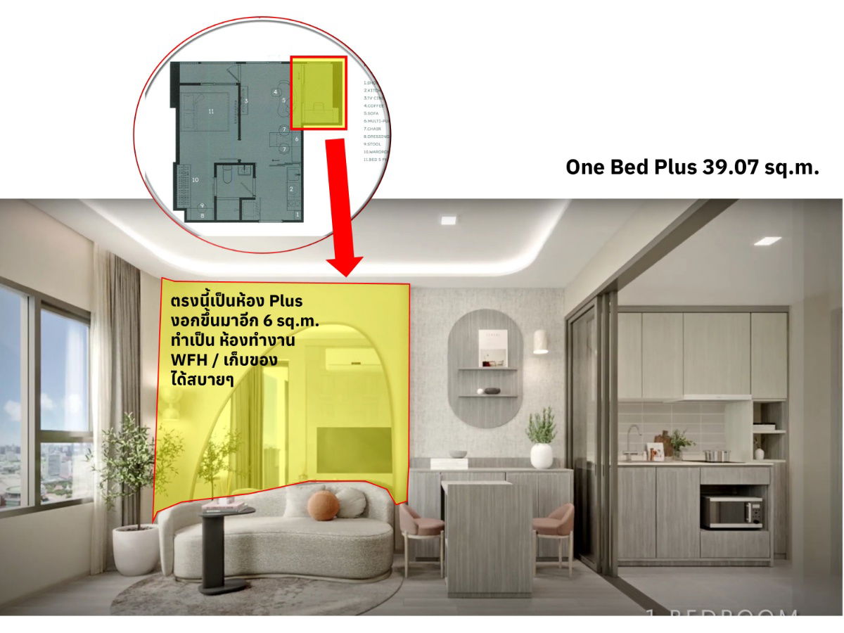 รูป ขายดาวน์ห้อง One Bed Plus ขนาด 39.07 ตร.ม. ตึก: H/ Unit Type: C3  ราคาหน้าสัญญาพิเศษสุด ถูกกว่าห้องอื่นที่ ชั้นและขนาดใกล้เคียงกัน ถึง 4-5 แสนบาท - รูปที่ 3/9