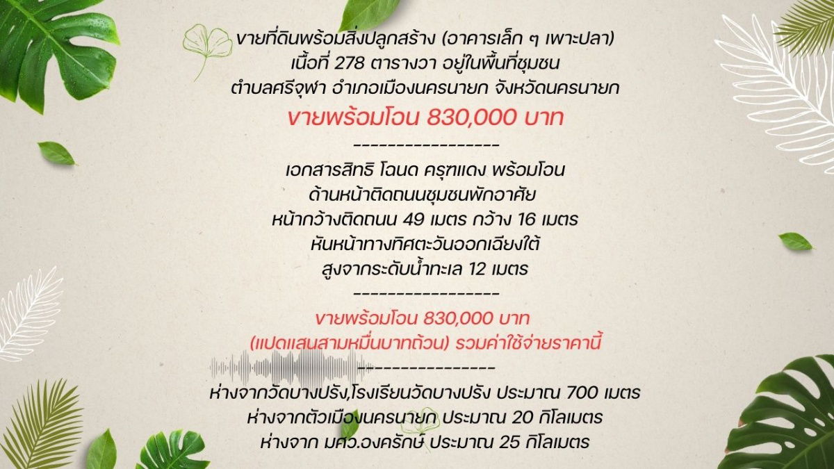 รูป ขายที่ดินพร้อมอาคาร เนื้อที่ 278 ตารางวา มีโฉนด ติดถนนชุมชนหน้ากว้าง 49 ม. ขายเพียง 830000 บาท - รูปที่ 14/15