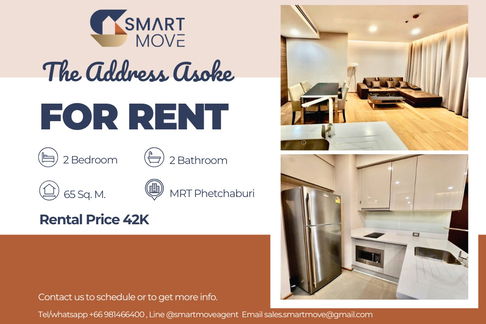 Rent !! high floor 28++, Wide living room, There is a bathtub!!🔥 Code C20230300089...The Address Asoke, 2 bed, 2 bath, furnished, ready to move in 📣