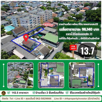 ขายบ้านเดี่ยว พร้อม ที่ดิน ซอยสามเสน22 พื้นที่ทั้งหมด 142.5 ตร.วา ( 1 งาน 42.5 ตร.วา ) เฉลี่ยเพียงตารางวาละ 96,140 บาท 