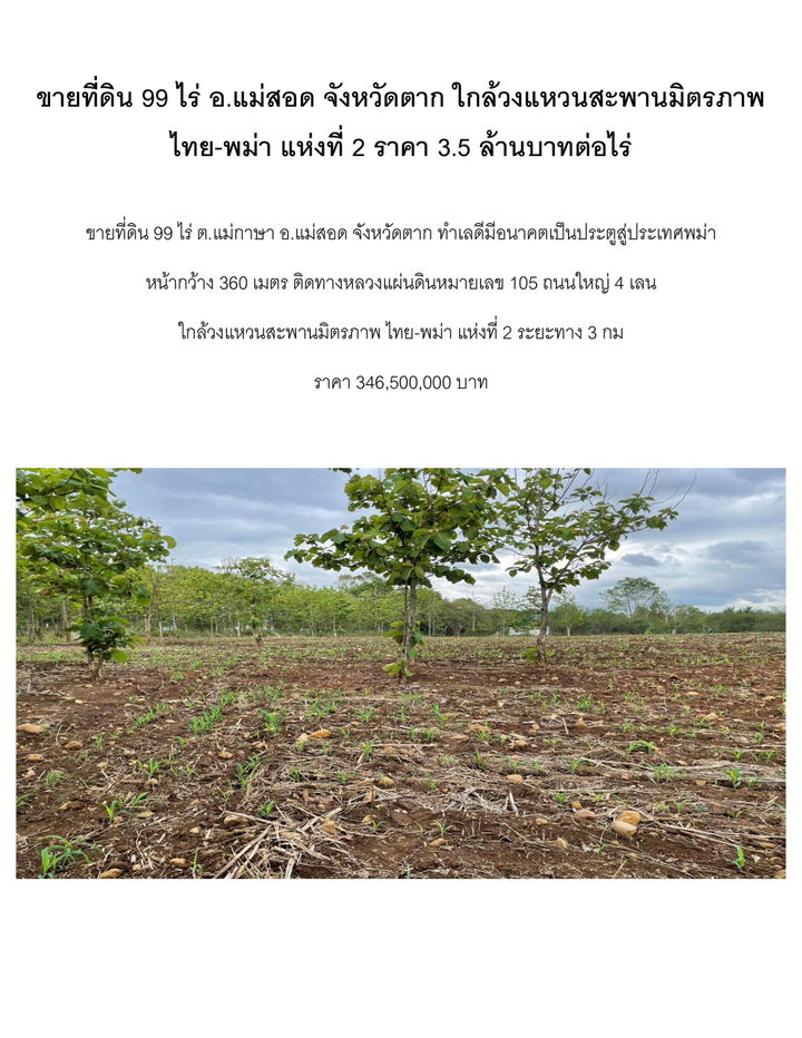 รูป ขายที่ดิน 99ไร่ อ.แม่สอด จังหวัด ตาก ใกล้วงแหวนสะพานมิตรภาพ ไทย-พม่า  ราคา  3.5 ล้านบาทต่อไร่   - รูปที่ 1/7