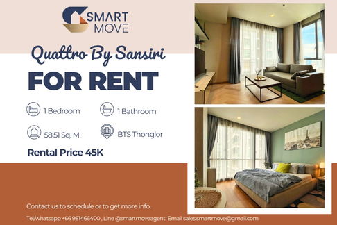 For Rent !! high floor 26++, modern style, There is a bathtub!!🔥 Code C20230202777....Quattro By Sansiri, 1 bed, 1 bath, furnished, ready to move in