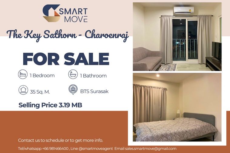 🔥 ขายพร้อมผู้เช่า !! ชั้นสูง 26++, ตกแต่งสไตล์มินิมอล!!🔥 Code C20221201854......The Key Sathorn - Charoenraj, 1 นอน, 1 น้ำ, แต่งครบ, ราคาพิเศษ!!📣📣