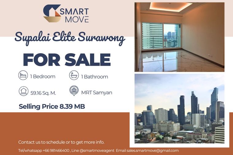 🔥 For Sale !! high floor 20++, Big balcony!!🔥 Code C20240201754..Supalai Elite Surawong, 1 bedroom, 1 bathroom, Partly Furnished, Special Deal!!📣📣