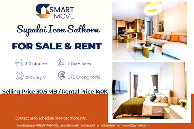 คอนโด รพ.เซนต์หลุยส์ : ขาย- เช่า ! 🔥SUPER LUXURY CLASS !! ชั้นสูง37+, ห้องทิศตะวันออก, วิวเมือง!🔥Code C20240400008..Supalai Icon Sathorn, 3 นอน, 2 น้ำ, แต่งครบ, ราคาพิเศษ!