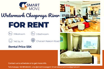 เช่าคอนโด รพ.เซนต์หลุยส์ : สำหรับเช่า ! เลี้ยงสัตว์ได้, ชั้นสูง 24+, วิวแม่น้ำ !! 🔥 Code C20250600063.....Watermark Chaopraya River, 3 นอน, 3 น้ำ, แต่งครบ, พร้อมเข้าอยู่ 📣📣