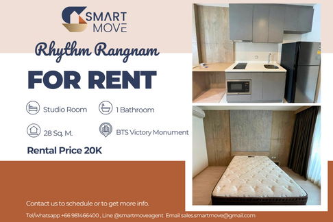 🔥 สำหรับเช่า !! ชั้นสูง, ห้องหายาก, ทำเลดี!!🔥 Code C20230105349..........Rhythm Rangnam, ห้องสตูดิโอ, 1 ห้องน้ำ, แต่งครบ, พร้อมเข้าอยู่ 📣📣