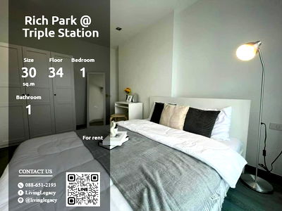 Condos for rent : LS31U6OO Condo For Rent Rich Park @ Triple Station 30 Sq.M. Floor 34 line id : @livinglegacy