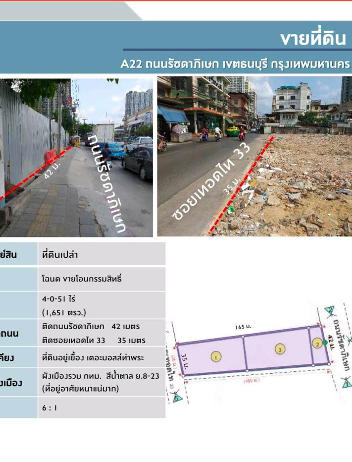รูป ขายที่ดินติดถนนรัชดาเขตธนบุรีกรุงเทพมหานคร พื้นที่ 4-0-51 ไร่ เยื้องเดอะมอลล์ท่าพระ  - รูปที่ 2/4