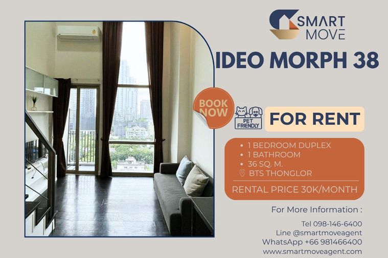 🔥 สำหรับเช่า !! เลี้ยงสัตว์ได้ !! วิวเมือง, เพดานสูง!!🔥Code C20230111931.....Ideo Morph 38, 1 ห้องนอน Duplex, 1 ห้องน้ำ, แต่งครบ, พร้อมเข้าอยู่ 📣📣