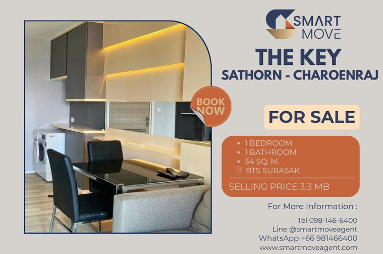 ขายพร้อมผู้เช่า !! ชั้นสูง 17+, ห้องอยู่ทิศใต้ ทำเลดี!! 🔥 Code C20221201849....The Key Sathorn - Charoenraj, 1 นอน, 1 น้ำ, แต่งครบ, ราคาพิเศษ!!📣📣