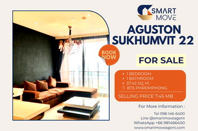 คอนโด BTS พร้อมพงษ์ : สำหรับขาย ! เลี้ยงสัตว์ได้, ห้องขนาดใหญ่, วิวสวย, ชั้นสูง19+, มีอ่างอาบน้ำ! Code C20231200017..Aguston Sukhumvit 22, 1 นอน, 1 น้ำ, แต่งครบ, ราคาพิเศษ!
