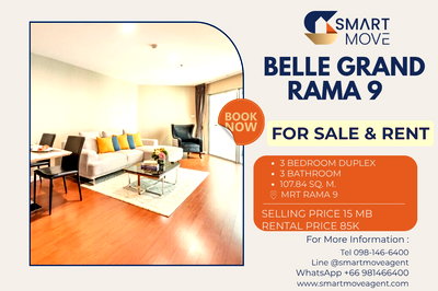 Condos for sale Din Daeng Road : 🔥 For Sale  !! 🔥 Code C20250600073......Belle Grand Rama 9, 3 bed, 3 bath Duplex, high floor 24++, furnished, ready to move in, Special Deal!!📣📣