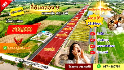 ที่ดิน หนองเสือ ปทุมธานี : ที่ดินคลอง9หนองเสือ ปทุมธานี ผ่อนสดได้