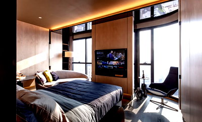 Condos for sale : Ashton Chula Silom【𝐒𝐄𝐋𝐋 & 𝐑𝐄𝐍𝐓】🔥A room in a  dark tone, with built-in furniture that gives a simple, cool.🔥 Contact Line ID: @hacondo