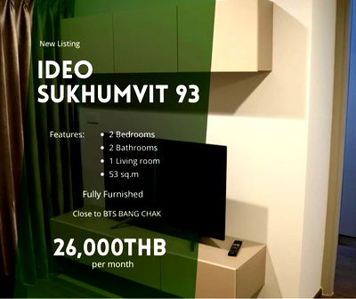 คอนโดให้เช่า : 🔥ให้เช่าคอนโดติด BTS บางจาก 2 ห้องนอน Ideo Sukhumvit 93 ราคาพิเศษมาก🔥