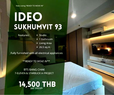 คอนโดให้เช่า : 🔥ให้เช่าคอนโดติด BTS บางจาก Ideo Sukhumvit 93 ห้องสวย พร้อมอยู่ 🔥