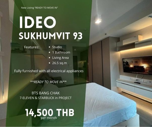 🔥ให้เช่าคอนโดติด BTS บางจาก Ideo Sukhumvit 93 ห้องสวย พร้อมอยู่ 🔥