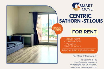 เช่าคอนโด BTS เซนต์หลุยส์ :  สำหรับเช่า !! ชั้นสูง 22+, ครัวปิด, ที่จอรถประจำ 1 คัน! Code C20221200155..Centric Sathorn-St. Louis, 2 ห้องนอน, 2 ห้องน้ำ, แต่งครบ, พร้อมเข้าอยู่ 📣