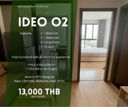 🔥For rent Ideo O2 ใกล้ bts บางนา ห้องพร้อมอยู่🔥