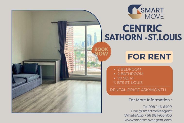 สำหรับเช่า !! ชั้นสูง 22+, ครัวปิด, ที่จอรถประจำ 1 คัน! Code C20221200155..Centric Sathorn-St. Louis, 2 ห้องนอน, 2 ห้องน้ำ, แต่งครบ, พร้อมเข้าอยู่ 📣