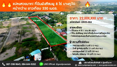 ที่ดิน วิทยาลัยพณิชยการธนบุรี : 🔥 แปลงสวยมาก! ที่ดินผังสีชมพู 8 ไร่ บางคูวัด หน้ากว้างยาวเกือบ 330 ม. อยู่ในโซนชุมชน–มีศักยภาพ โตตามเมืองปทุม เหมาะทำโครงการทันที โฉนดพร้อม! 🔥