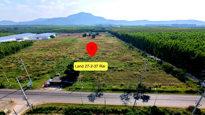 เช่าที่ดิน บ่อทอง ชลบุรี : ที่ดินให้เช่า 27 ไร่ รูปแปลงสวย ติดถนนใหญ่ 1 ชมถึงแหลมฉบัง ฮวงจุ้ยดี