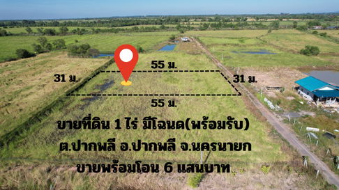 ขายที่ดิน 1 ไร่ (400 ตร.ว.) ต.ปากพลี มีโฉนด ขาย 600,000 พร้อมโอน พร้อมโฉนด