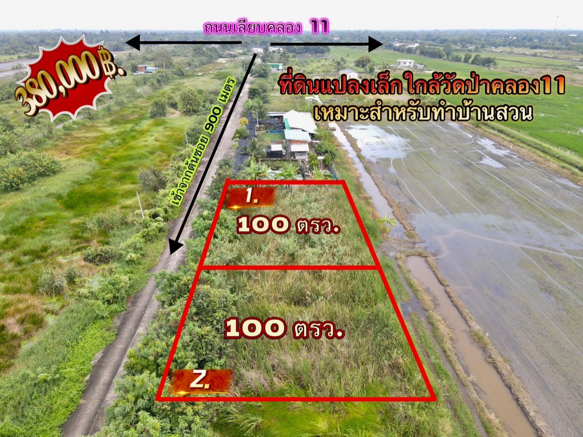 รูป ที่ดินคลอง 11 หนองเสือ ปทุมธานี แปลงเล็กราคาถูก 100 ตรว. เพียง 360,000 บาท - รูปที่ 1/10