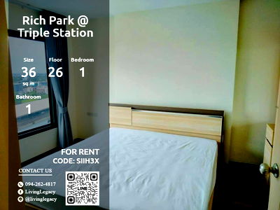 คอนโดให้เช่า : SIIH3X ให้เช่าคอนโด Rich Park @ Triple Station 36 ตร.ม. ชั้น 26 line id : @livinglegacy