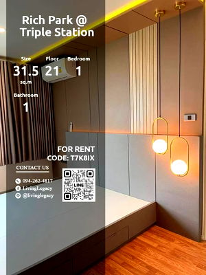 Condos for rent : T7K8IX Condo For Rent Lumpini Ville Phatanakan - Srinakarin 31.5 Sq.M. Floor 21 line id : @livinglegacy