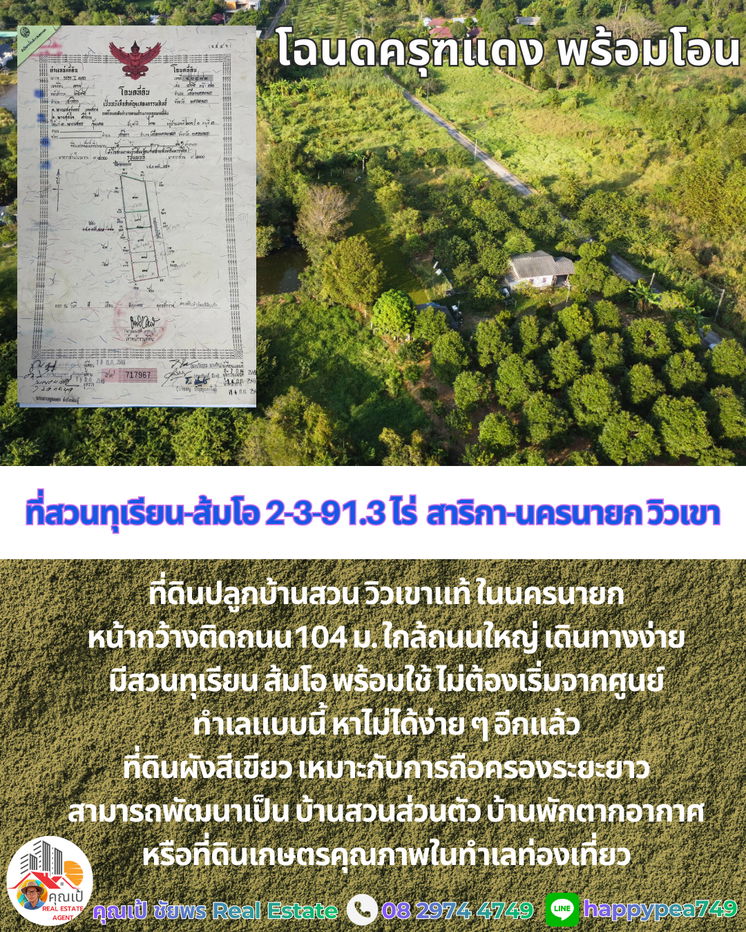 รูป ที่ดินพร้อมสวนทุเรียน-ส้มโอวิวเขา สาริกา นครนายก 2-3-91.3 ไร่ | เก็บผลผลิตได้ทันที คุ้มค่าการลงทุน - รูปที่ 19/20