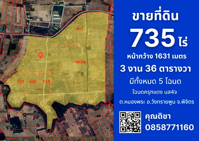 ที่ดิน วังทรายพูน พิจิตร : ขายที่ดิน โฉนดครุฑแดง นส4จ เนื้อที่ 735 ไร่ ติดถนนลาดยาง  